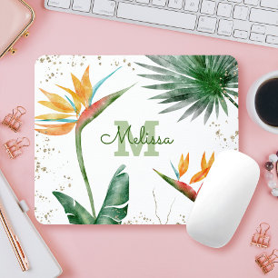 Tropical Foliage Palm Floral Monogram Script Gold Mouse Pad