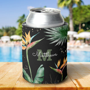 Tropical Foliage Palm Monogram Script Gold Black Can Cooler