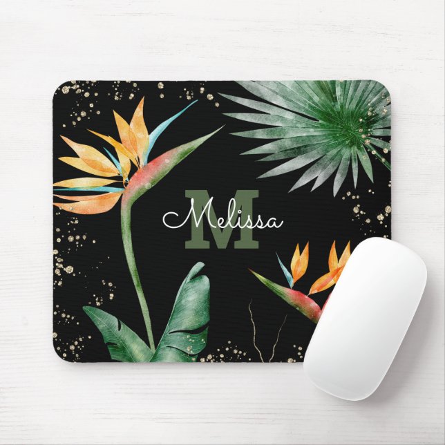 Tropical Foliage Palm Monogram Script Gold Black Mouse Pad (With Mouse)