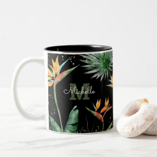 Tropical Foliage Palm Monogram Script Gold Black Two-Tone Coffee Mug