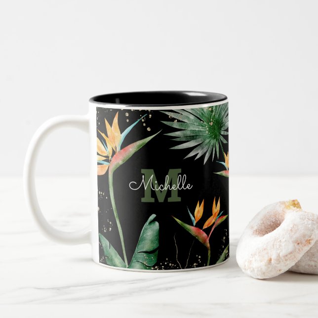 Tropical Foliage Palm Monogram Script Gold Black Two-Tone Coffee Mug (With Donut)