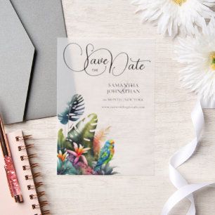 Tropical foliage parrot lush jungle flowers vellum invitations
