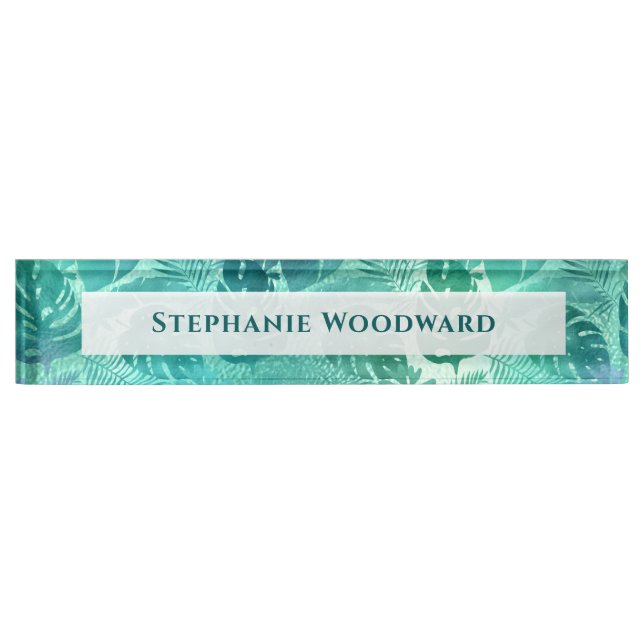 Tropical Foliage Pattern Blue Green Nameplate (Front)