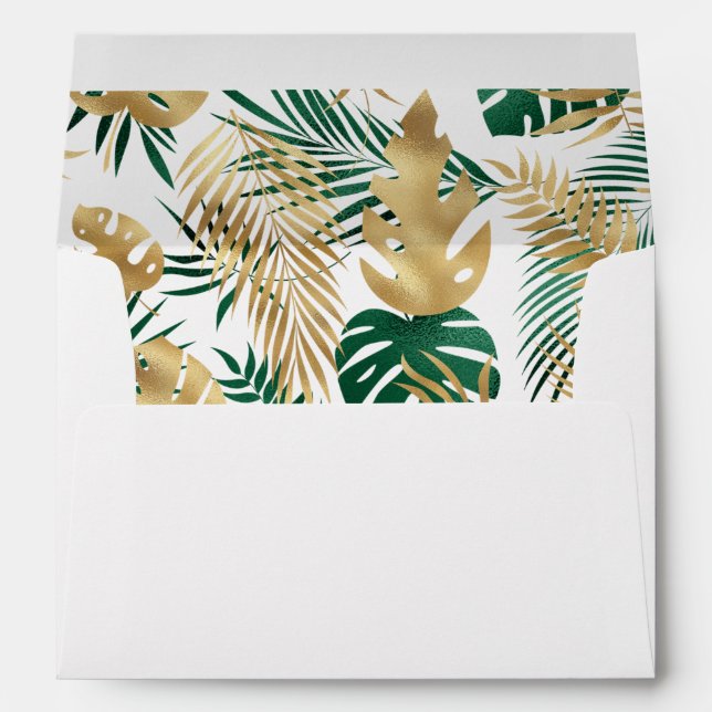 Tropical Foliage Pattern Green Gold White Envelope (Back (Bottom))