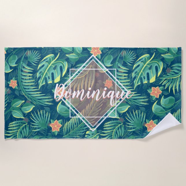 Tropical Foliage Pattern Personalized Beach Towel (Front)