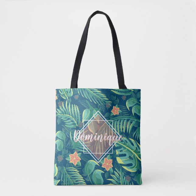 Tropical Foliage Pattern Personalized Tote Bag (Front)