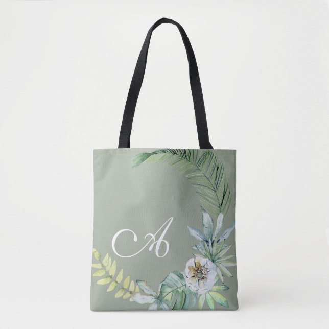  Tropical Foliage Personalized Sage  Tote Bag (Front)