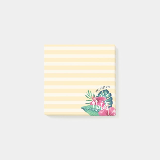 Tropical Foliage Pink Florals & Stripe Post-it Notes (Front)