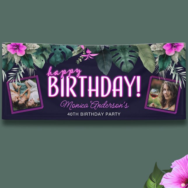 Tropical Foliage Pink Neon Happy Birthday Photo Banner (Tropical Foliage Pink Neon Happy Birthday Photo Banner)