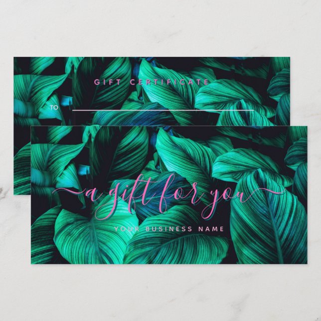 Tropical Foliage Pink Script Gift Certificate (Front/Back)