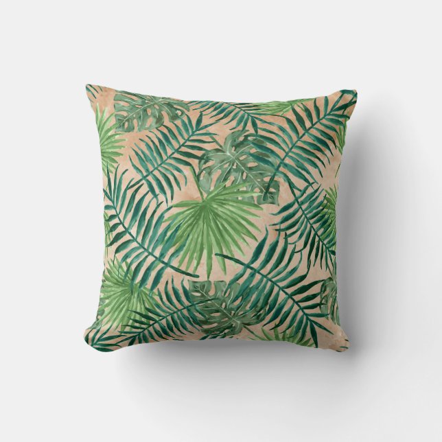 TROPICAL FOLIAGE PRINT, Palm Trees & Ferns Throw Pillow (Front)