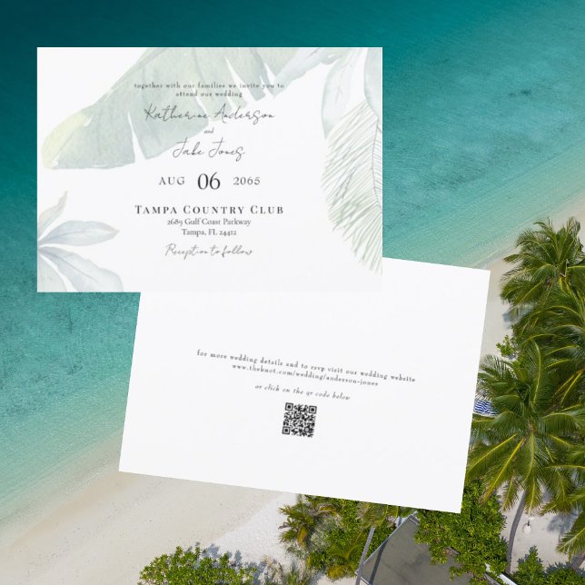 Tropical Foliage QR Code Horizontal Wedding  Invitation (Creator Uploaded)