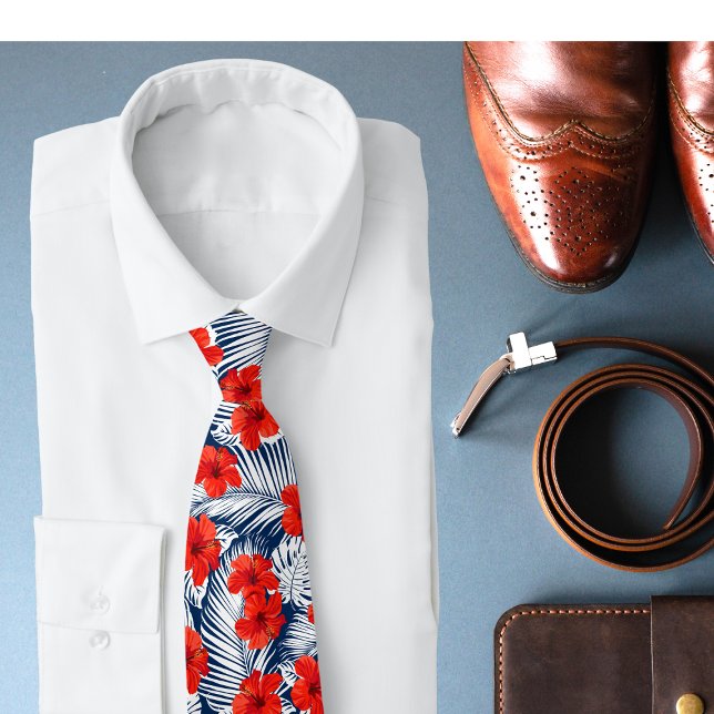 Tropical Foliage Red Floral Hibiscus Tie (Creator Uploaded)