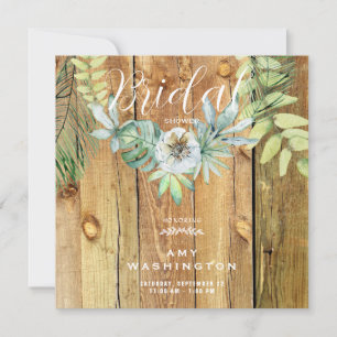 Tropical Foliage Rustic Wood Square Bridal Shower  Invitation