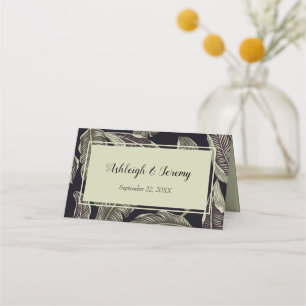 Tropical Foliage Sage Green Black Script Wedding Place Card