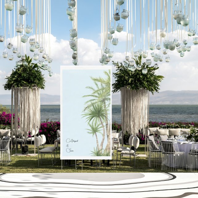 Tropical Foliage Script Names Ice Blue Wedding Napkin (Creator Uploaded)