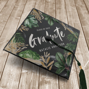 Tropical foliage script text graduation graduation cap topper