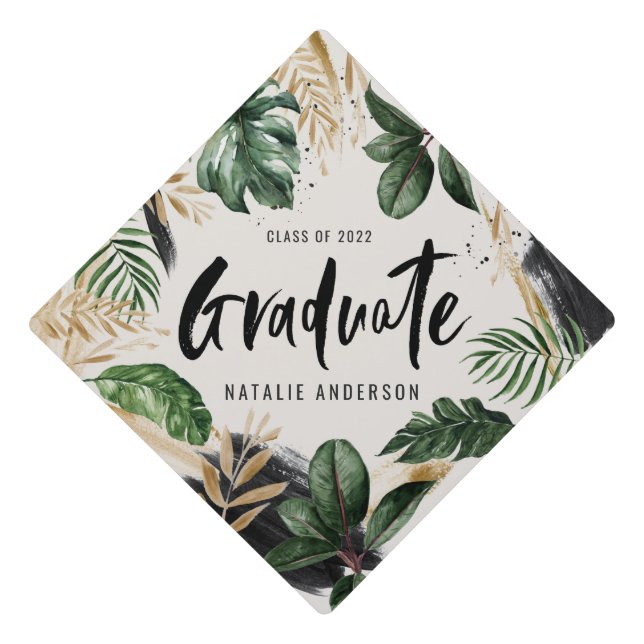 Tropical foliage script text graduation graduation cap topper (Front)