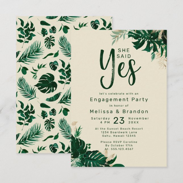 Tropical Foliage She Said Yes Engagement Party Invitation (Front/Back)