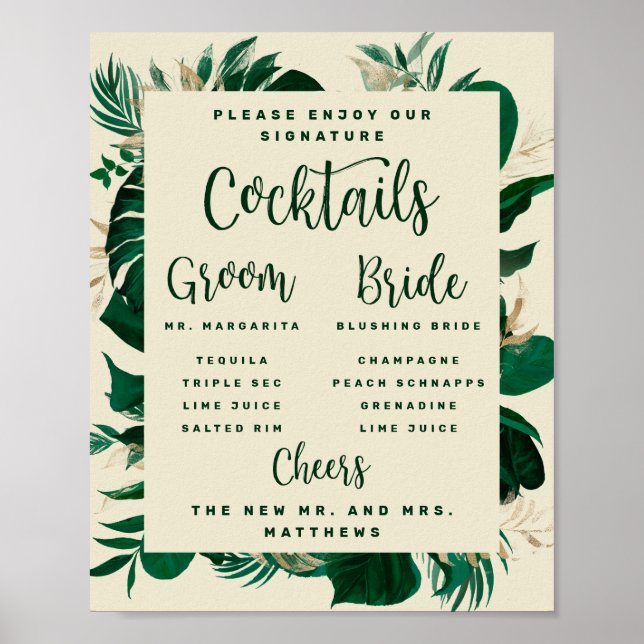 Tropical Foliage Signature Cocktails Bar Menu Sign (Front)