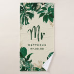 Tropical Foliage Trendy Greenery Wedding Mr Bath Towel<br><div class="desc">Tropical Foliage Trendy Greenery and Gold Leaves Personalized Mr. and Mrs. Last Name Towels - Trendy Marker Brushed Script Lettering. A fun keepsake for the honeymoon for the newlyweds! In a bold colour palette of rich greens, emerald, and gold foil look. This design is perfect for a beach, destination, or...</div>
