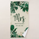 Tropical Foliage Trendy Greenery Wedding Mrs Bath Towel<br><div class="desc">Tropical Foliage Trendy Greenery and Gold Leaves Personalized Mr. and Mrs. Last Name Towels - Trendy Marker Brushed Script Lettering. A fun keepsake for the honeymoon for the newlyweds! In a bold colour palette of rich greens, emerald, and gold foil look. This design is perfect for a beach, destination, or...</div>