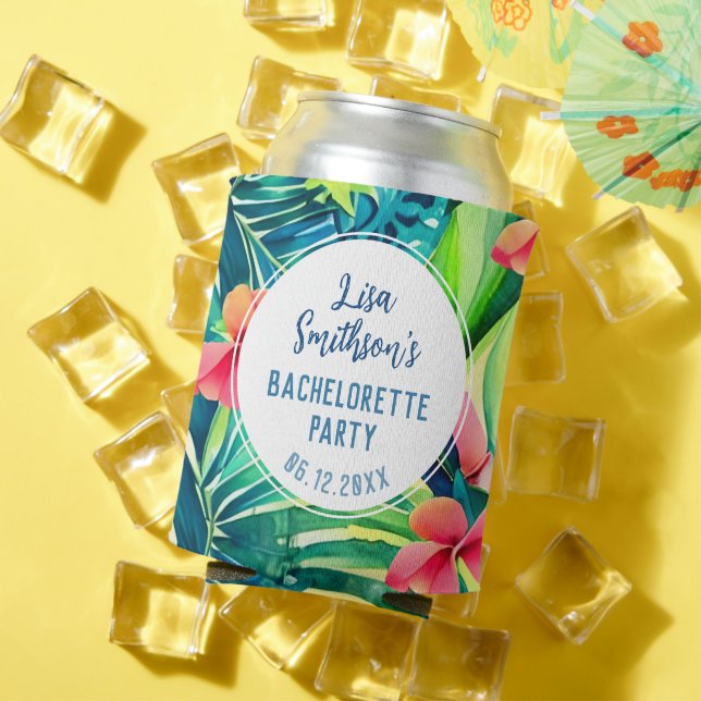    Tropical Foliage Watercolor Custom Bachelorette Can Cooler (In Situ Summer)