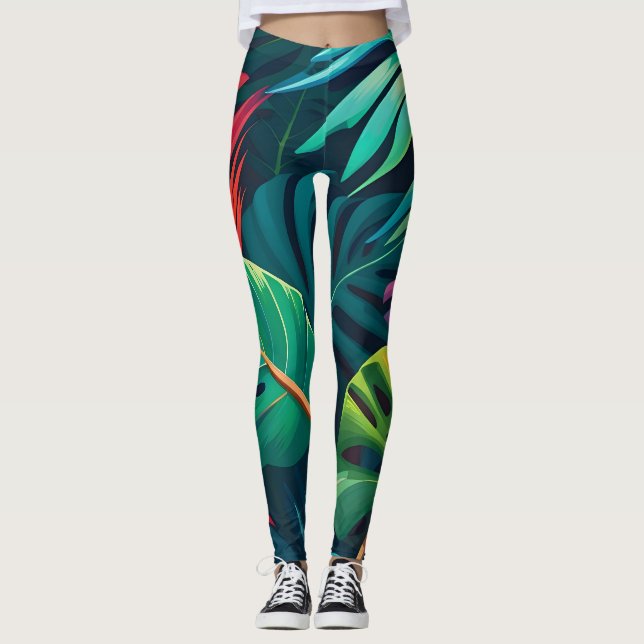 Tropical Foliage Watercolor Paradise Leggings (Front)