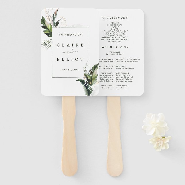 Tropical Foliage Wedding Ceremony Program Hand Fan (Front and Back)