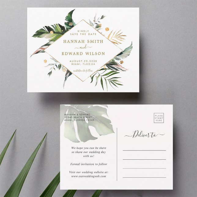 Tropical Foliage Wedding Gold Save The Date Announcement Postcard (Front & Back)