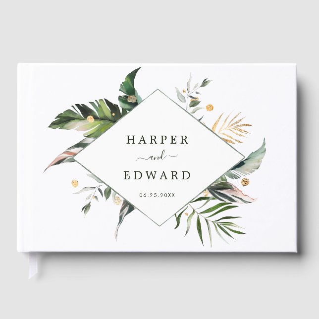 Tropical Foliage Wedding Green & Gold Guest Book (Front)