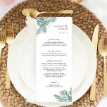 Tropical Foliage Wedding Menu Card<br><div class="desc">Island chic wedding menu features your starter courses, entrees and desserts in elegant lettering, with your names and wedding date framed by tropical watercolor palm frond leaves in vibrant green. Coordinates with our Tropical Foliage wedding collection for summer, beach, and destination weddings. Use the template fields to add your menu...</div>