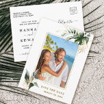 Tropical Foliage Wedding Photo Gold Save The Date Announcement Postcard<br><div class="desc">This wedding save the date postcard features watercolor monstera,  palm tree leaves,  banana leaves,  exotic tropical leaves,  and faux gold leaves with a faux gold rectangle frame.  It's perfect for a tropical,  beach,  summer,  or destination wedding.</div>