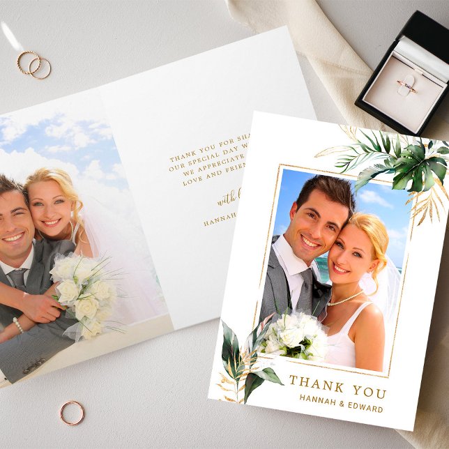 Tropical Foliage Wedding Photo Gold Thank You Card (Front & Back)