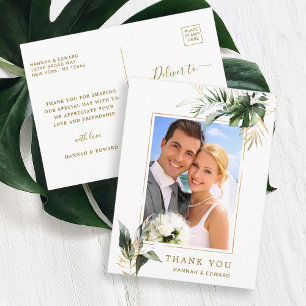 Tropical Foliage Wedding Photo Gold Thank You Postcard