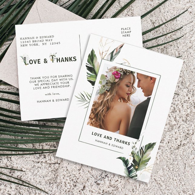 Tropical Foliage Wedding Photo Thank You Postcard (Front & Back)