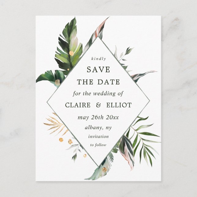 Tropical Foliage Wedding Save the Date Announcement Postcard (Front)