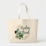 Tropical Foliage Wreath Greenery & Gold Bridesmaid Large Tote Bag<br><div class="desc">Tropical Foliage Trendy Greenery and Gold Wreath Personalized Bridesmaid Tote Bags - with tropical leaf wreath. A fun bridal party gift idea, or to hold all the wedding swag for your bridesmaids, in a bold colour palette of rich greens, emerald, and gold. This design is perfect for a beach, destination,...</div>