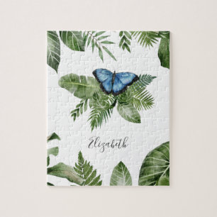 Tropical Forest Blue Butterfly Personalized Name Jigsaw Puzzle