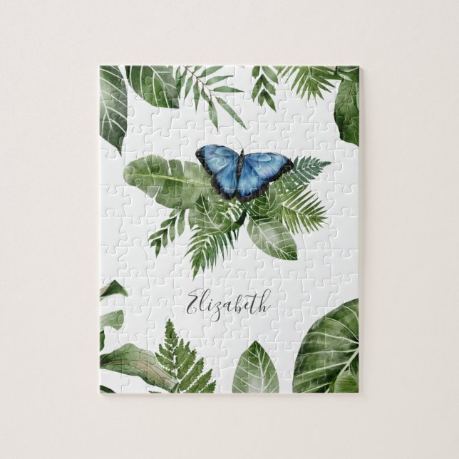 Tropical Forest Blue Butterfly Personalized Name Jigsaw Puzzle (Vertical)