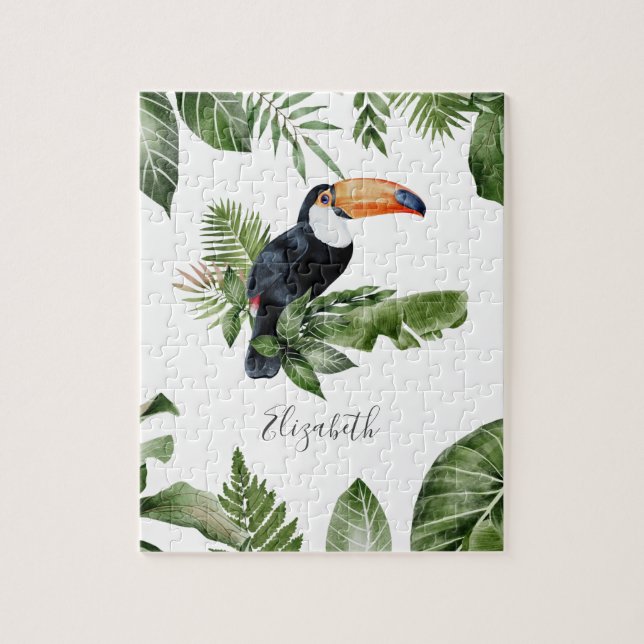 Tropical Forest Cute Toucan Personalized Name Jigsaw Puzzle (Vertical)