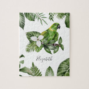 Tropical Forest Green Parrot Personalized Name Jigsaw Puzzle