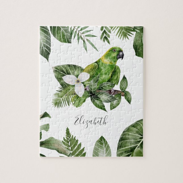 Tropical Forest Green Parrot Personalized Name Jigsaw Puzzle (Vertical)