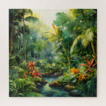 Tropical Forest Jigsaw Puzzle<br><div class="desc">A Watercolour landscape of a tropical forest with colourful flowers</div>