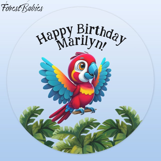 Tropical Forest Jungle Macaw Safari Parrot Bird 🦜 Classic Round Sticker (Macaw Parrot 🌴 Tropical Bird ForestBabies Customizable Birthday Party Animal Classic Round Sticker)