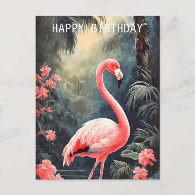 Tropical Forest Pink Flamingo Vintage Postcard (Front)