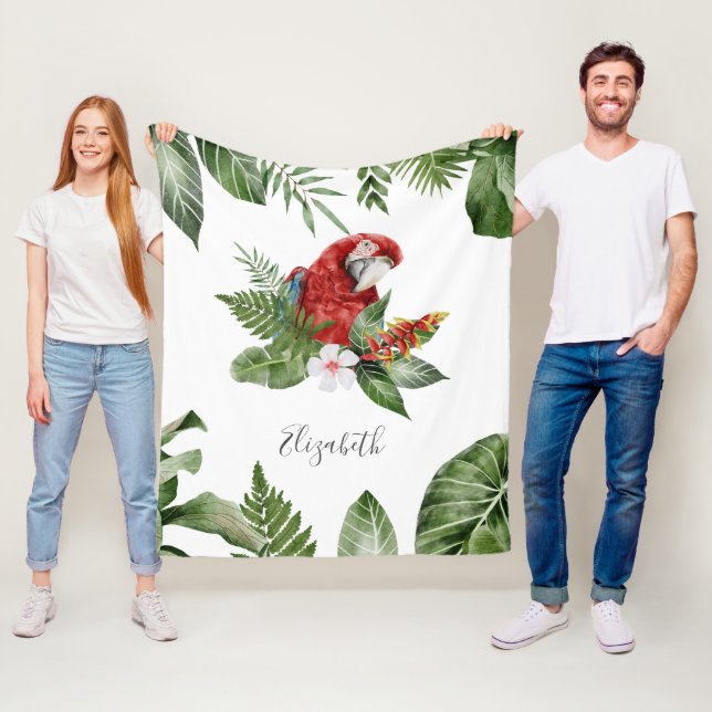 Tropical Forest Scarlet Macaw Personalized Name Fleece Blanket (In Situ)