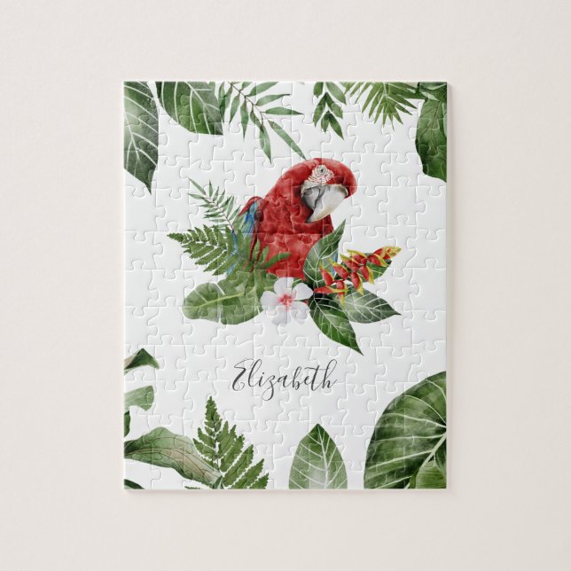 Tropical Forest Scarlet Macaw Personalized Name Jigsaw Puzzle (Vertical)