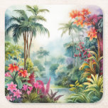 Tropical Forest Square Paper Coaster<br><div class="desc">A Watercolour landscape of a tropical forest with colourful flowers</div>