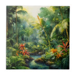 Tropical Forest Tile<br><div class="desc">A Watercolour landscape of a tropical forest with colourful flowers</div>